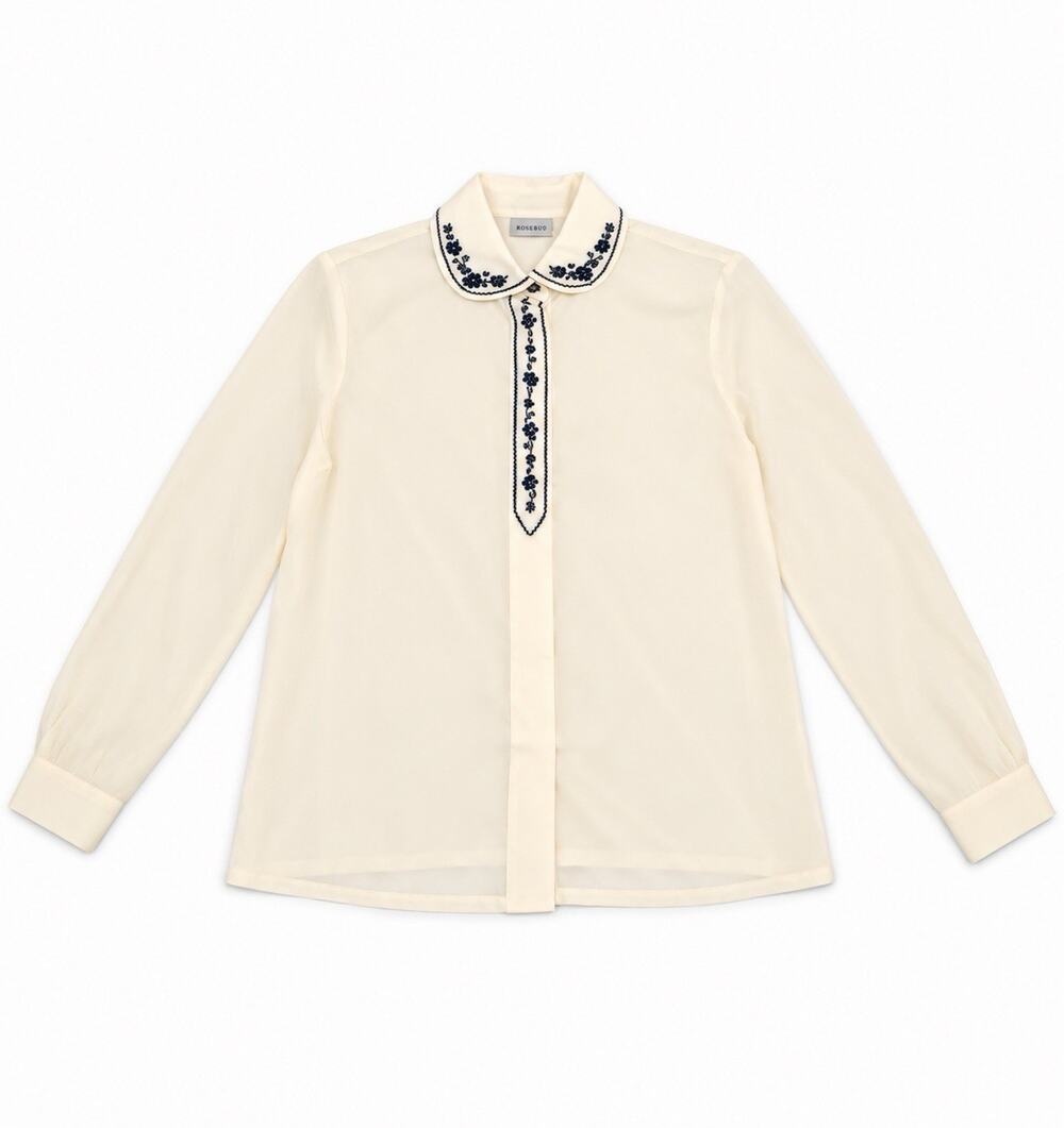 Koret Women’s XL Ivory Blouse Floral Embroidered Peter Pan Collar Long Sleeve